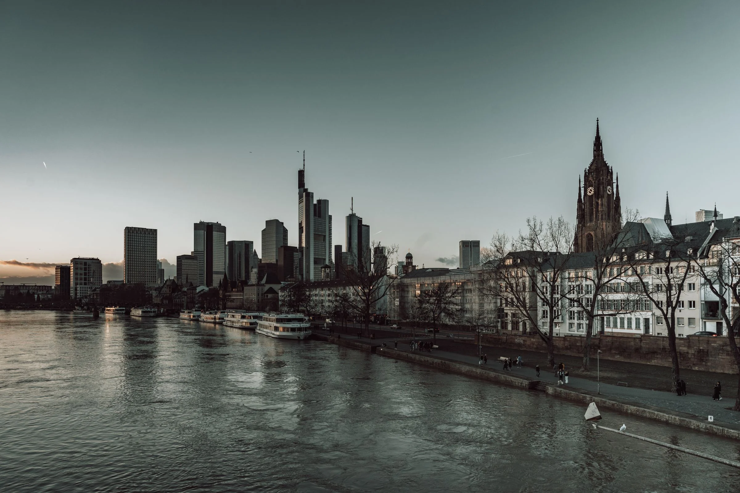 Frankfurt skyline, cathedral and the River Main at dusk