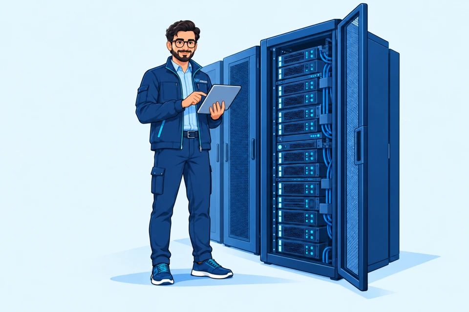 System administrator configuring server equipment