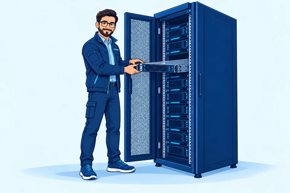 Engineer installing a dedicated rack server