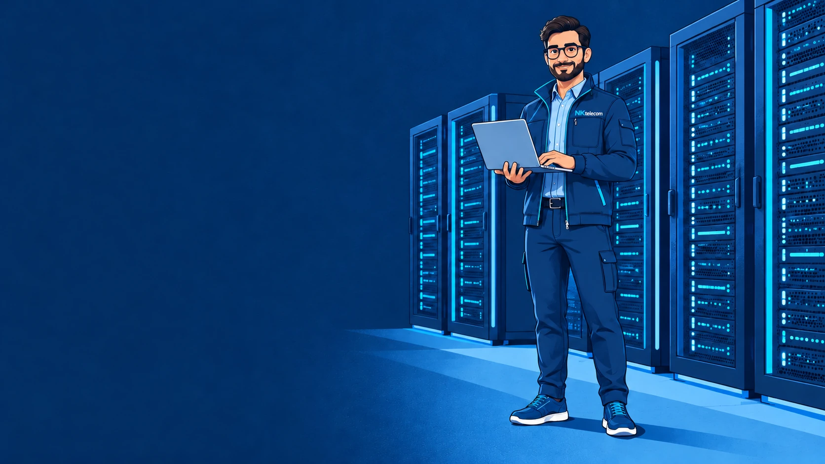 Nik, the NKtelecom engineer, with a laptop beside server cabinets