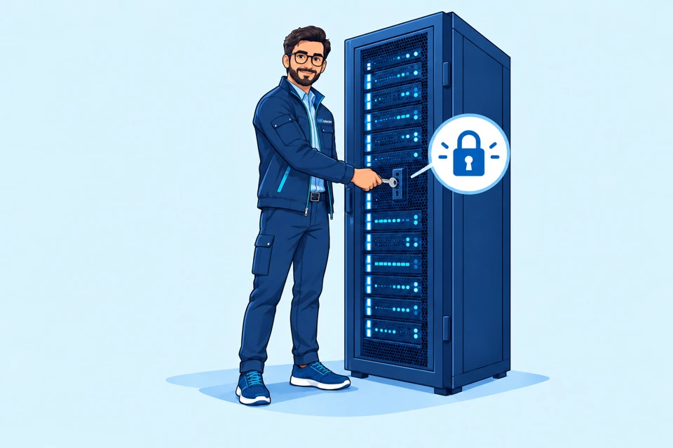 Security engineer at a restricted server room entrance