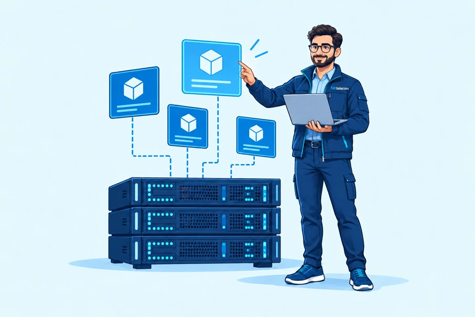 Engineer managing virtual server resources at a laptop in a data center